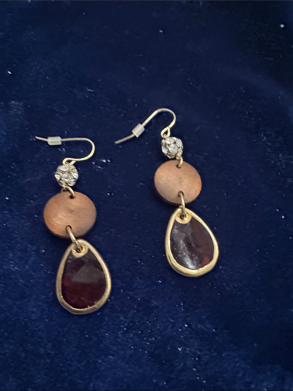 Premier Designs Boho Earthy Wood & Gold Tone Teardrop Hook Earrings
